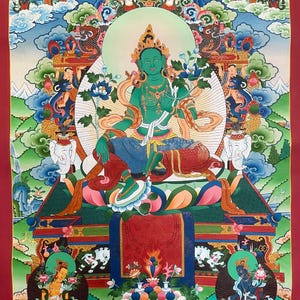 Green Tara Thangka Painting | Handpainted Sacred Wall Hanging Painting | Best for Meditation and Prayer