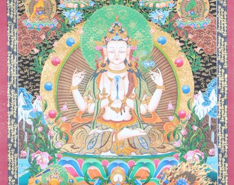 Chengresi Tibetan Thangka Painting | Sacred Buddhist Art for meditation practice | Thangka with brocade framing