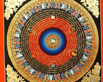May include: A circular mandala with intricate gold lettering and designs on a black background. The mandala is surrounded by a red border and floral motifs in gold and white.