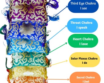 May include: Seven colorful meditation cushions stacked on top of each other. Each cushion has a different color and a gold pattern. The cushions are labeled with the names of the seven chakras and their corresponding affirmations: Crown Chakra - I know, Third Eye Chakra - I see, Throat Chakra - I speak, Heart Chakra - I love, Solar Plexus Chakra - I do, Sacral Chakra - I feel, Root Chakra - I am.