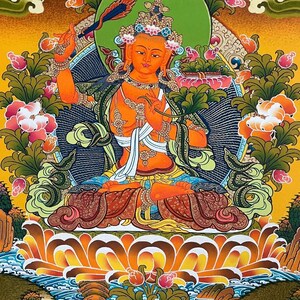 Manjushri Thangka Painting | Hand-Painted Tibetan Artwork Depicting the Bodhisattva of Wisdom and Knowledge | Sacred Wall Hanging Art