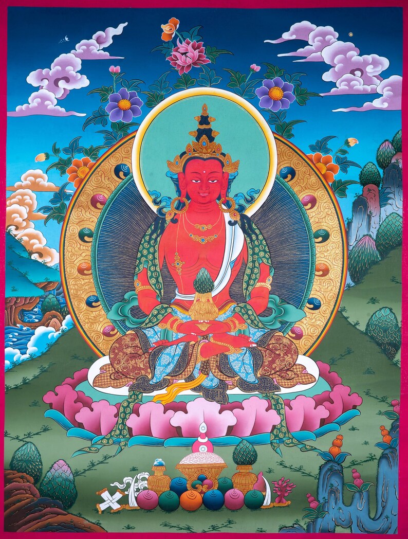 Amitayus Buddha Thangka Painting - Tibetan Handpainted Art