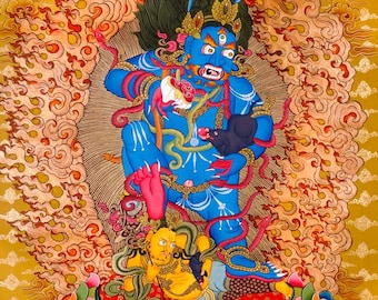 Blue Dzambhala Thangka Painting | Tibetan Wealth Deity Art | Hand Painted Buddhist Vajrayana Altar Piece