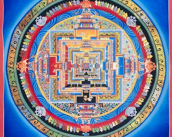 Round Blue Mandala | Sky Blue Kalachakra Mandala Thangka | Wall Decor Mandala Painting | Good Luck symbol for House
