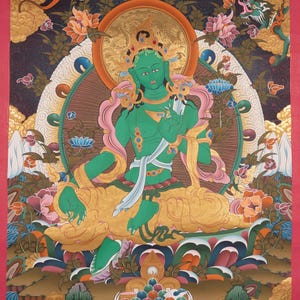 Green Tara Original Hand Painting Thangka - OM Tare Tu Tare Ture Soha - Tibetan arts for Buddhist Meditation and Altar Space