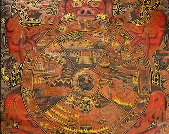 チベットタンカ 生命の輪タンカ |アンティーク絵画 |手描きのチベットのバヴァチャクラ