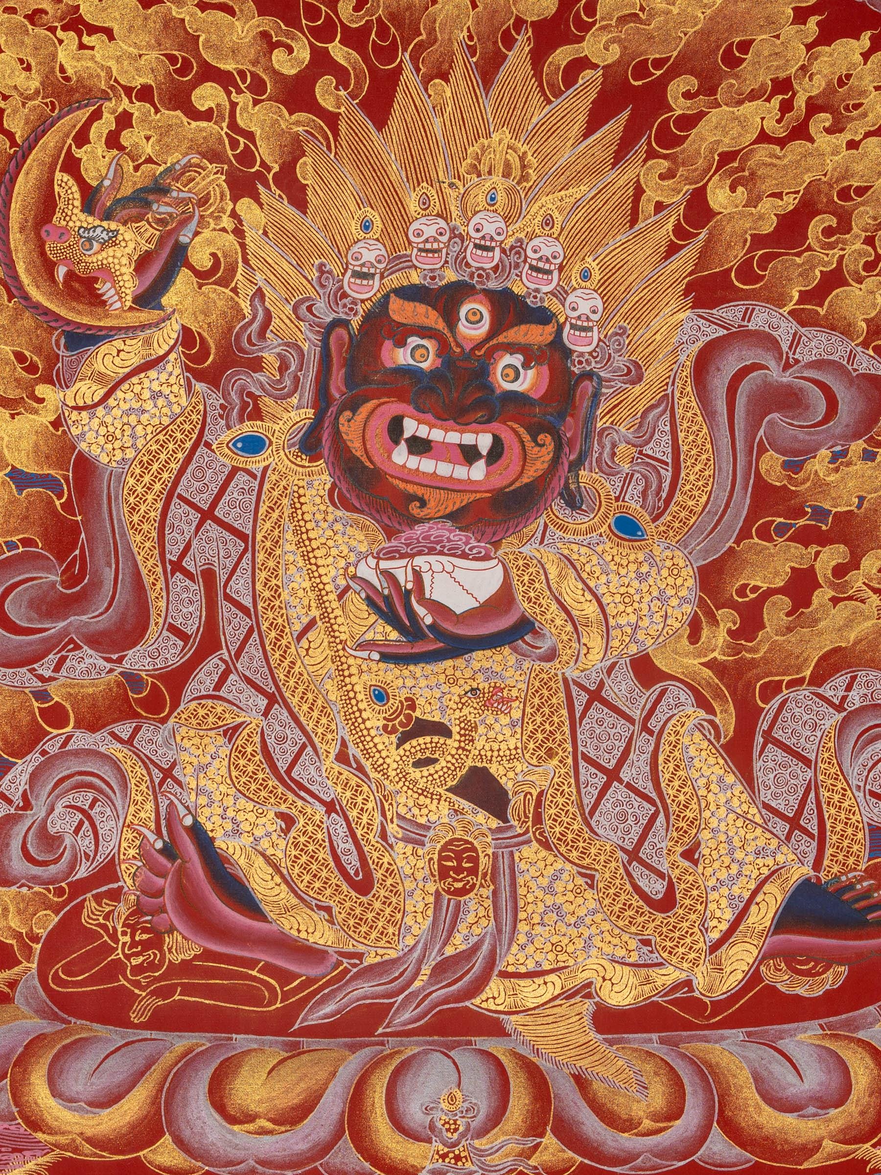怒りのマハーカーラタンカ画 | チベット守護神 | 手描きの仏教美術