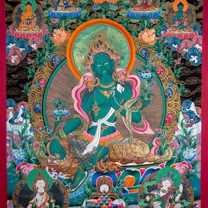 Green Tara Original Hand Painting Thangka - OM Tare Tu Tare Ture Soha - Tibetan arts for Buddhist Meditation and Altar Space