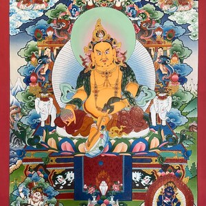 Tibetan Zambala Thangka Painting | Handpainted Sacred Artwork for Wall Hanging Decor | Spiritual Wall Decor & Gift