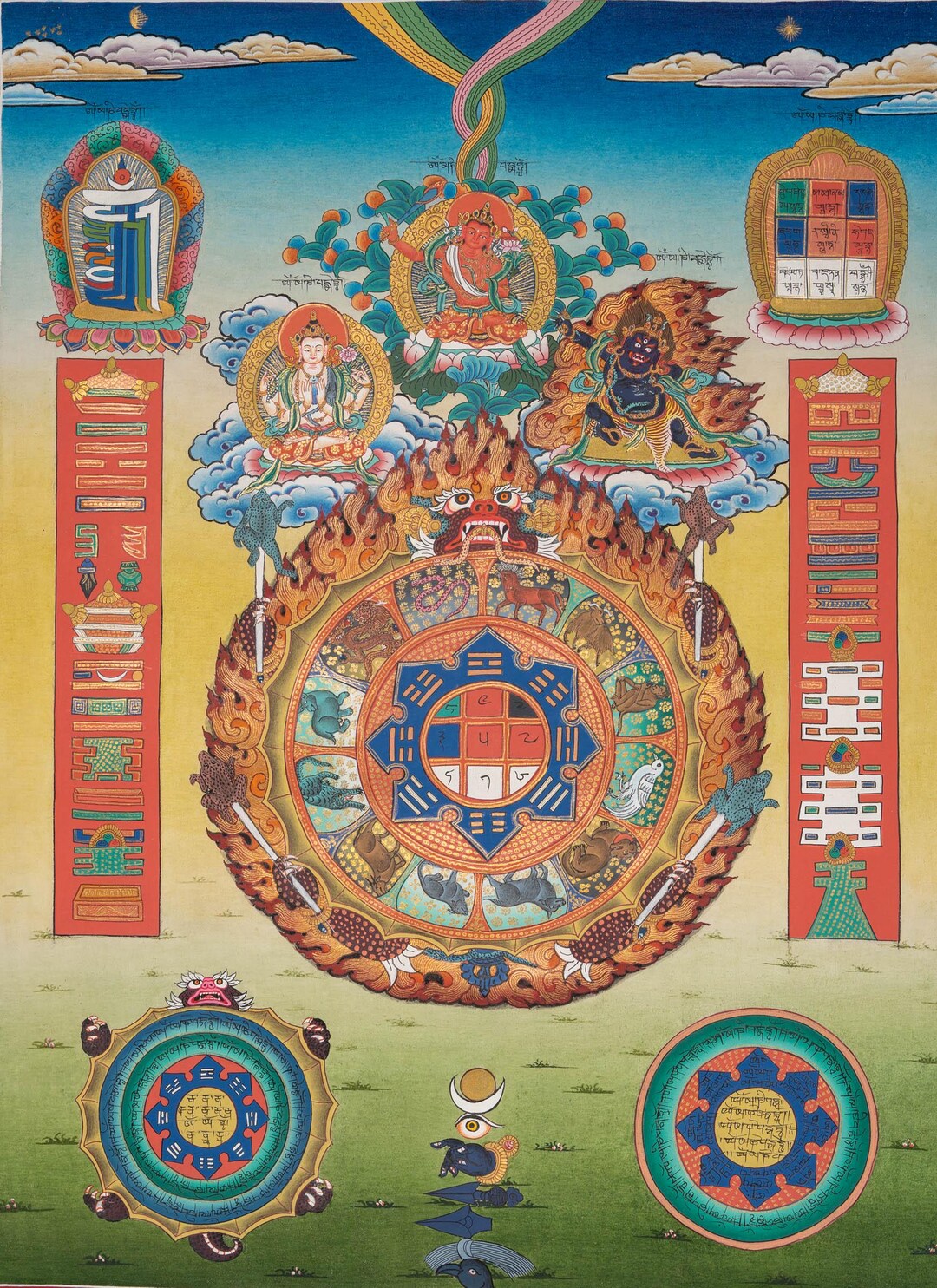 Gandhanra Thangka Tibétain - Calendrier tibétain du zodiaque Thangka - Peinture Tantrique Bouddha à Dorure - Tapisserie Mural pour Décoration Zen - Méditation et Relaxation Spirituelle