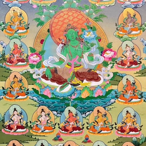 21 Tara Thangka | Hand-Painted Tibetan Painting | Depictions of the 21 Taras for Protection and Compassion | Spiritual Wall Hanging Decor