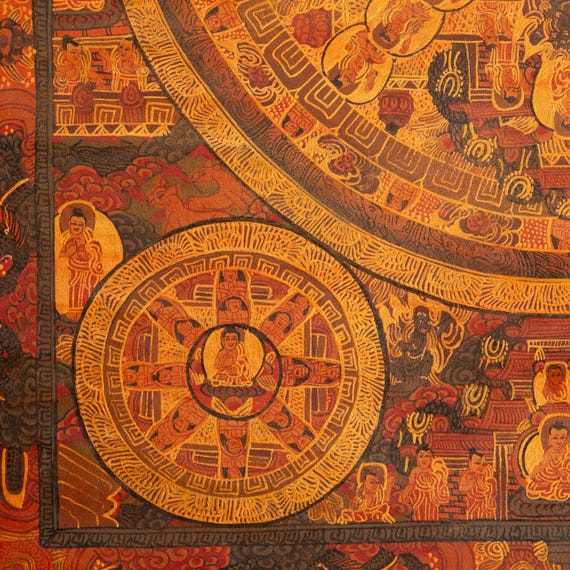アンティーク仏陀曼荼羅タンカ絵画｜チベット仏教神聖幾何学アート