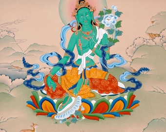 Hand-Painted Green Tara Thangka | Tibetan Buddhist Goddess Wall Art