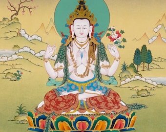 Chenrezig Thangka Painting | Tibetan Avalokiteshvara Buddhist Art | Bodhisattva of Compassion | Himalayan Meditation Wall Decor
