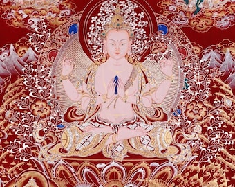 Red Chenrezig Thangka Painting | Tibetan Buddhist Art, Compassion Meditation Wall Decor
