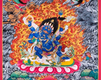 6本の腕を持つマハーカーラ・タンカ画 | チベットの守護神タンカアート