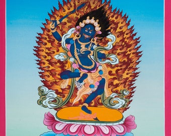 May include: A blue deity with three eyes, a crown, and a beard, dances on a lotus flower surrounded by flames. The deity holds a sword in one hand and a bell in the other. The background is a blue sky with clouds.