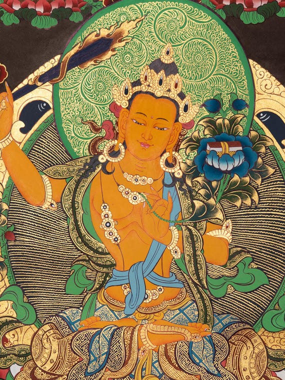 チベット仏画　手書き 文殊菩薩タンカ美術｜チベット仏教の知恵と洞察の神｜本物の手描き