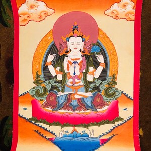Belle peinture à la main Chenrezig Thangka | Peinture murale bouddhiste Thangka du Népal