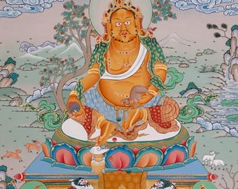 Yellow Zambala Thangka Painting | Tibetan Buddhist Wealth Deity Art (100cm x 65cm)