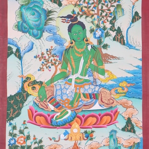 Authentieke groene Tara Thangka | Tibetaans handgemaakt schilderij op katoenen canvas | Wanddecoratie: