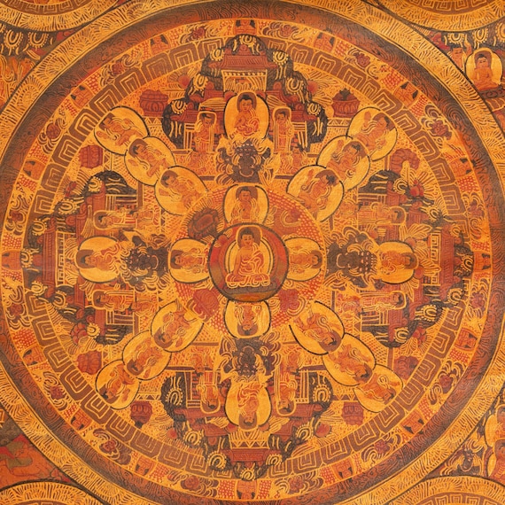 アンティーク仏陀曼荼羅タンカ絵画｜チベット仏教神聖幾何学アート