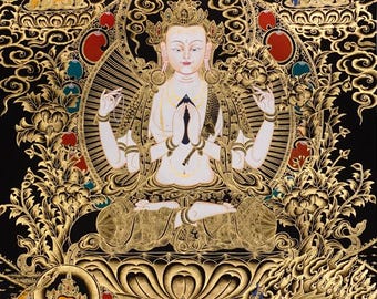 Chenrezig Thangka Painting | Gold Black Tibetan Avalokiteshvara Art, Compassion Buddhist Decor