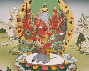 12本腕のガネーシャ チベットタンカ | 豊かさと守護の象徴 | 手描き