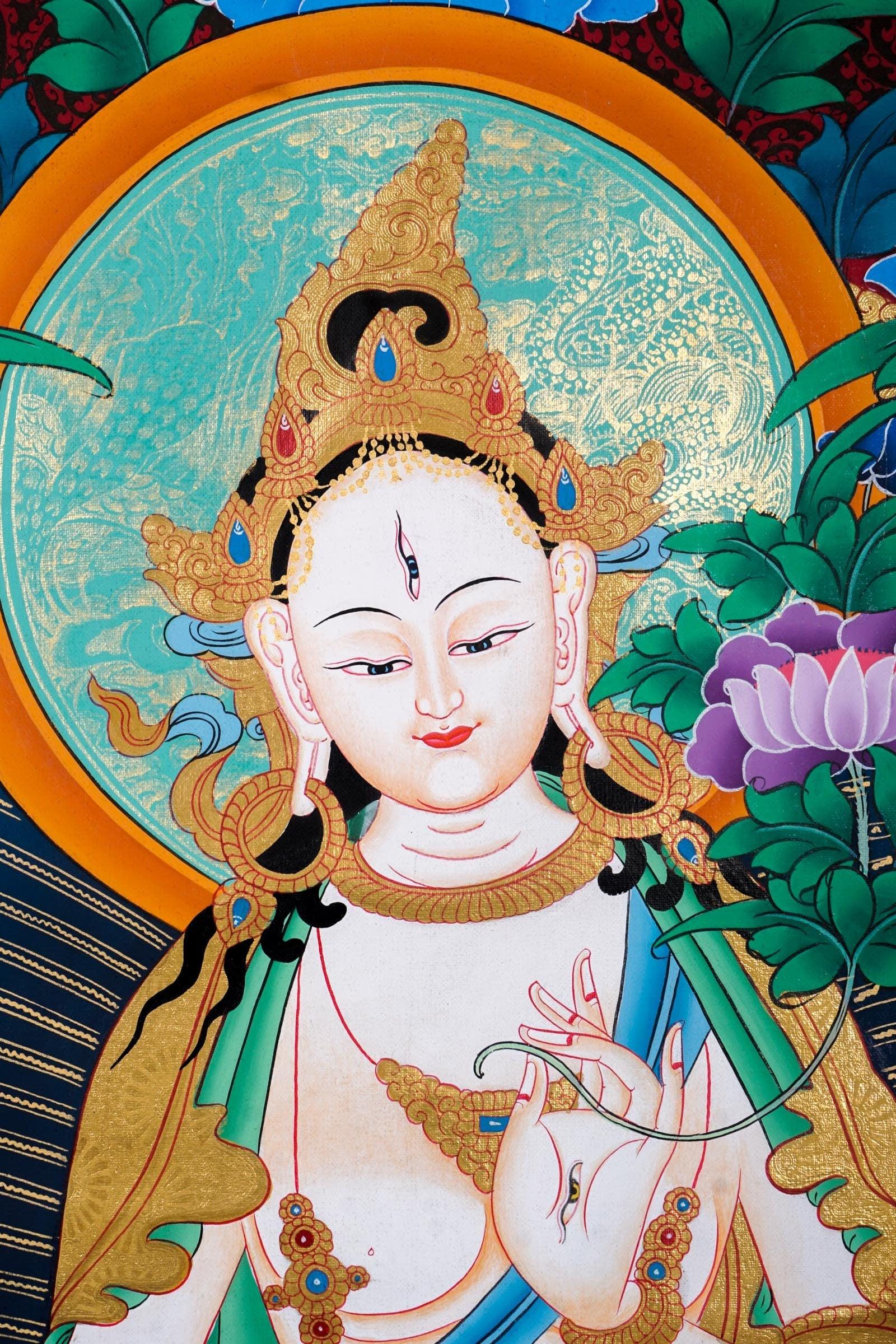 ネパールの白いターラタンカ絵画アート | 健康と精神性のための