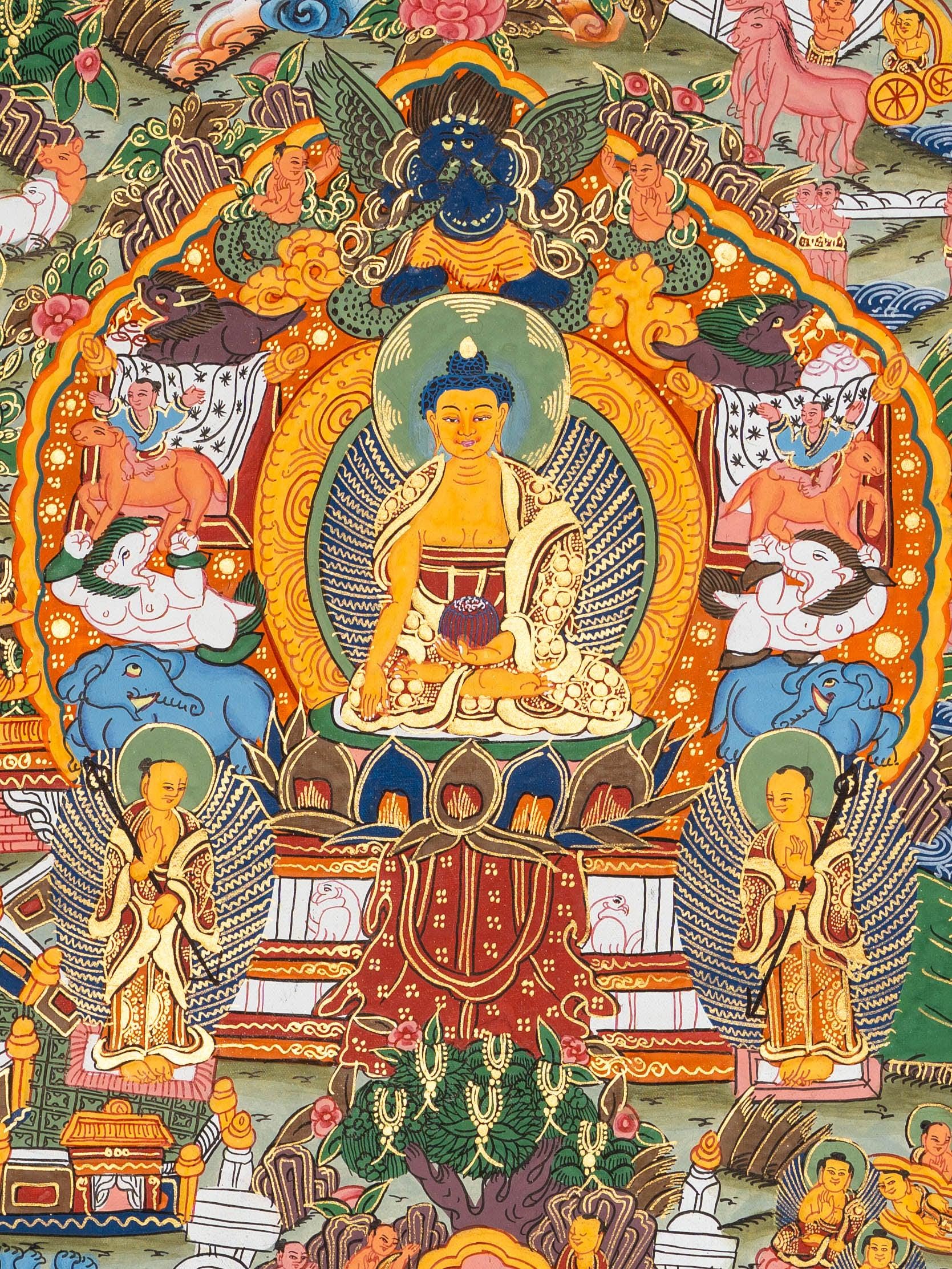 Tibetan Buddhist Buddha Life Thangka | From Birth to Enlightenment