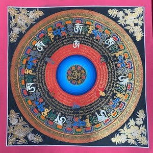 Sacred Mantra Mandala Thangka Painting |  Spiritual Meditation Art for Wall Decor