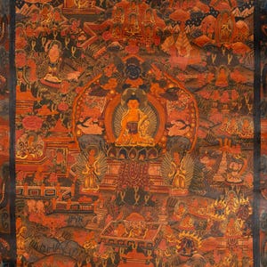 Hand-Painted Antique Buddha Life Thangka | Tibetan Sacred Journey Artwork | Vintage Buddhist Wall Decor | Himalayan Spiritual Painting