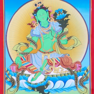 Green Tara Thangka | Tibetan Handpainted Art Made on Cotton Canvas | Wall Hanging Decor