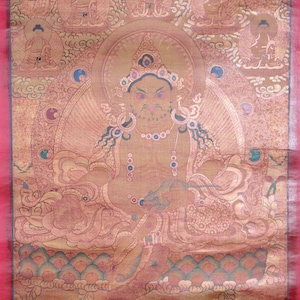Zambala Antique Thangka Painting | Tibetan Painting of God of Wealth & Fortune | Religious and Spiritual Wall Hanging for Buddhism practice