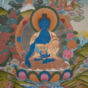 Medicine Buddha | Handpainted Thangka | Tibetan Healing Deity Bhaisajyaguru | Traditional Buddhist Art for Wellness & Protection