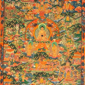 Tibetan Thangka of Buddha Life | Journey to Enlightenment Painting | Hand-Painted Spiritual Buddhist Art | Meditation and Mindfulness Decor