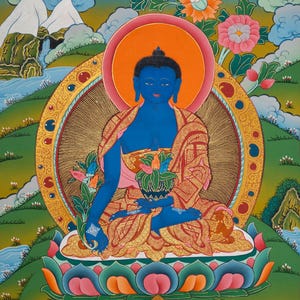 Medicine Buddha (Bhaisajyaguru) Thangka Painting | Healing Tibetan Buddhist Art | Handpainted Spiritual Wall Decor for Meditation