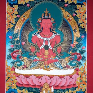 Western Pure Land of Amitayus Buddha on cotton canvas  - Tibetan Thangka Hand Painting art from Nepal | Amitabha Thangka Painting