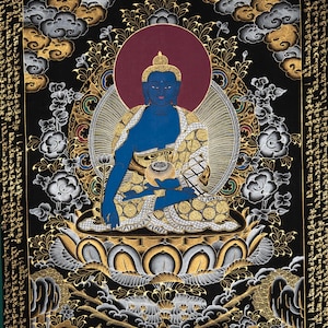 Hand-Painted  Thangka Painting of  Medicine Buddha | Tibetan Buddhist Deity of Health | Sacred Himalayan Wall Decor from Nepal