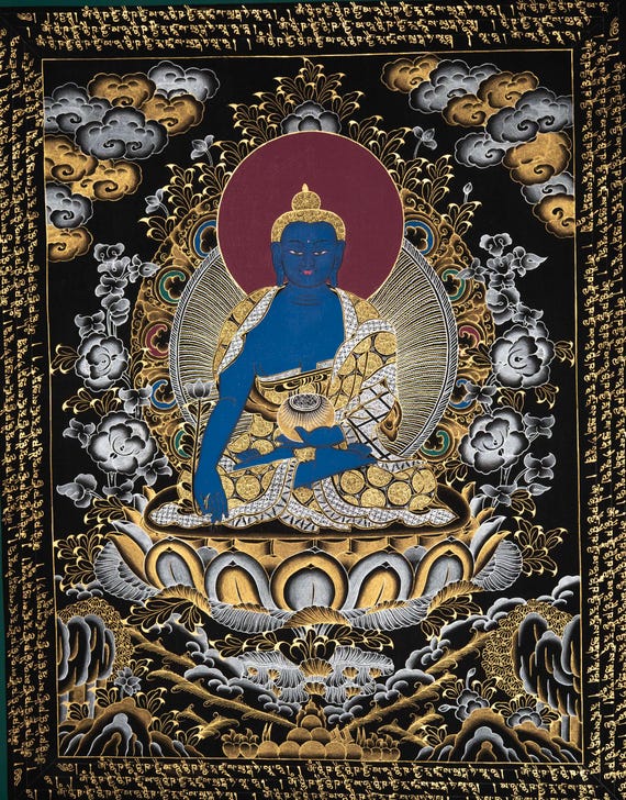薬師如来の手描きタンカ絵画｜チベット仏教の健康の神｜ネパール発