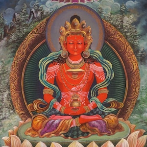 Newari Amitayus Buddha – Traditional Paubha Art | Handpainted Thangka of Long Life & Healing | Sacred Buddhist Wall Decor