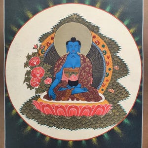 Paradies des Medizin Buddha - Heilender Buddha für guten Geist, Körper und Seele - Authentische tibetische Thangka Kunst von Hand gefertigt