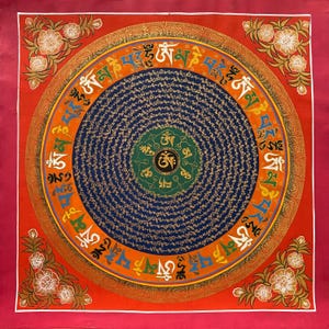 Handpainted Mantra Mandala Thangka | Sacred Tibetan Buddhist Art for Meditation | Spiritual and Serenity Wall Hanging Decor