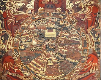 Tibetan Wheel of Life Thangka | Traditional Buddhist Painting | Antique Style Wall Art on the Cycle of Rebirth