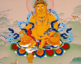 Yellow Zambhala Thangka Painting | Tibetan Buddhist Wealth Deity Art, Prosperity Wall Decor