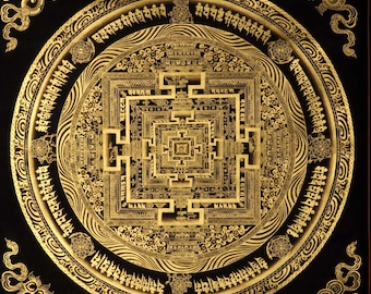 Black & Gold Kalachakra Mandala Thangka Painting | Tibetan Wall Art