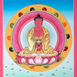 Amitabha Buddha Thangka Painting - Namo Amitabho Buddha | Hand Painted Thangka from Nepal
