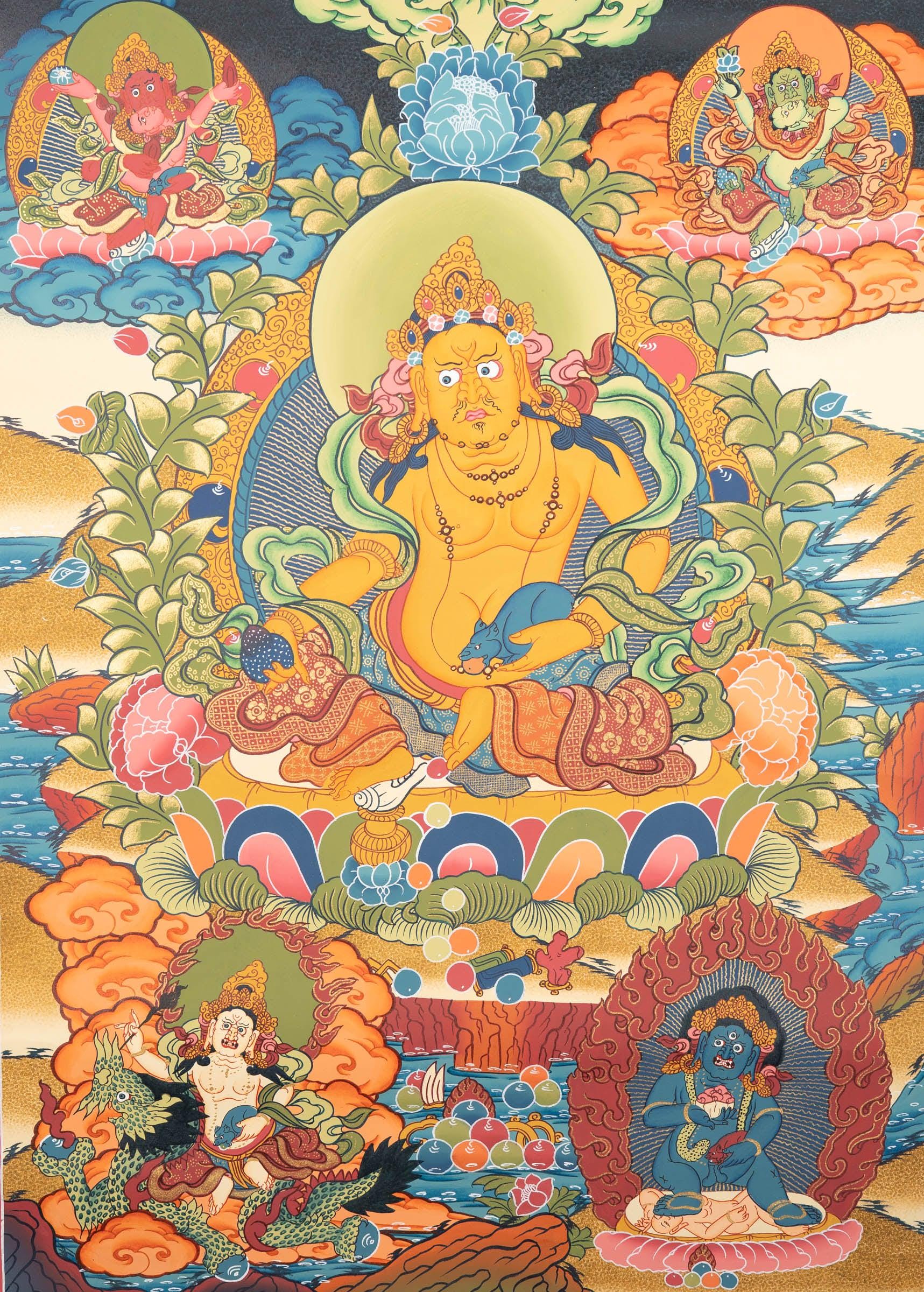 手描きのザンバラタンカ｜繁栄を祈願するチベットの富の神々の絵画
