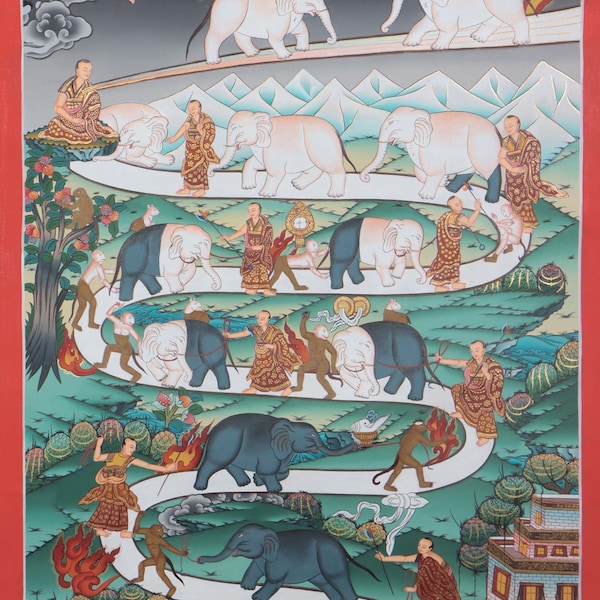 Echtes tibetisches Thangka Gemälde des Weges zum Himmel - Thangka, das den Weg zur Erleuchtung darstellt, bei Samatha Meditation (9 Stufen)