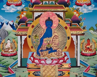 Medicine Buddha Thangka Painting | Tibetan Buddhist Wall Art For Healing And Meditation